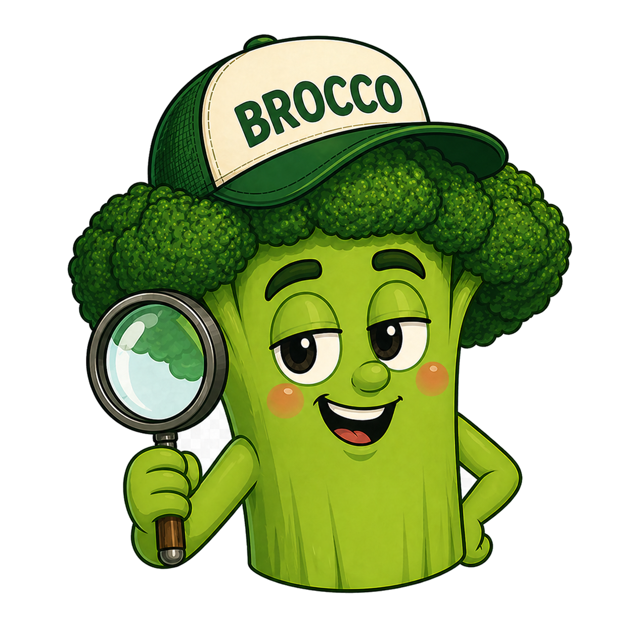 Brocco mascot with magnifying glass